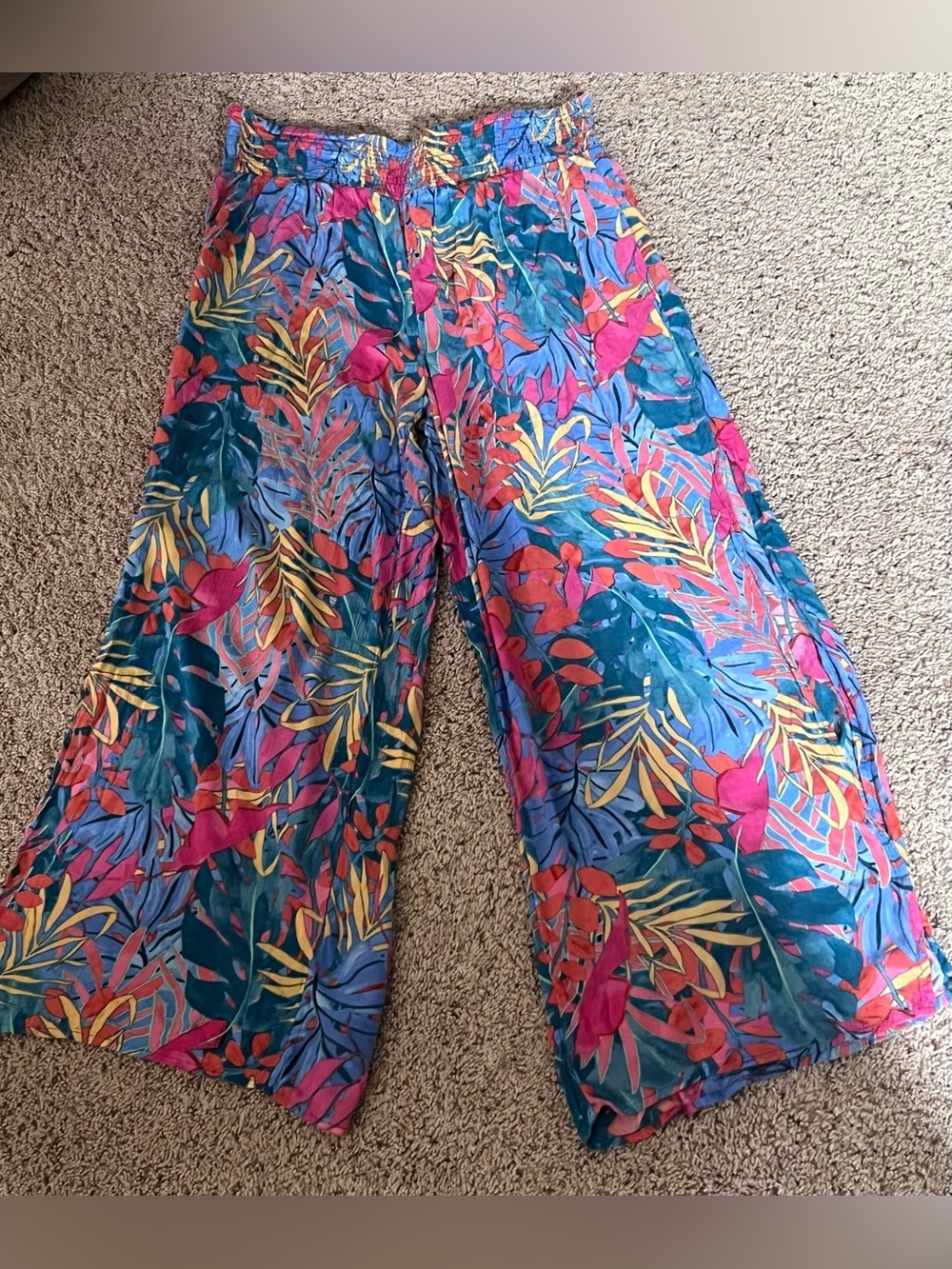 Tropical Wide-Leg Printed Pants side slits - Teal, Pink & Yellow